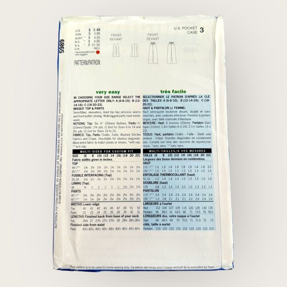 Vintage 1990s Butterick Sewing Pattern 5989 Misses Top Pants Size 6-10 - Picture 2 of 2